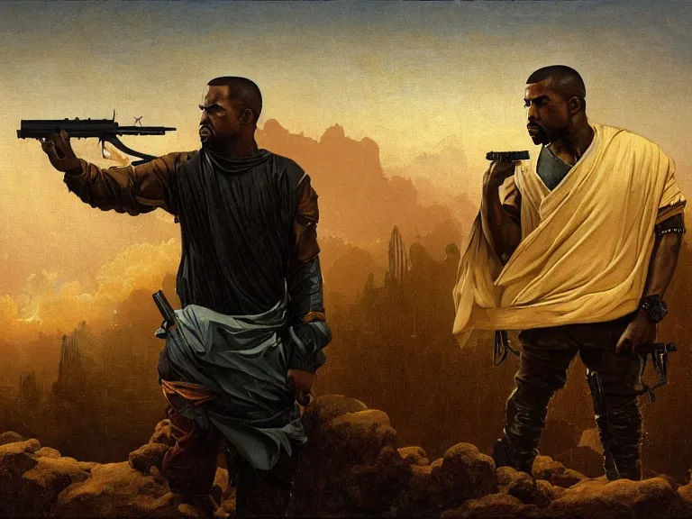 Prompt: a detailed profile illustration of kanye west pointing a gun to pete davidson, bounty hunter portrait symmetrica, aurora lighting clouds and stars by beksinski carl spitzweg and tuomas korpi. intricate artwork by caravaggio. Trending on artstation. 8k