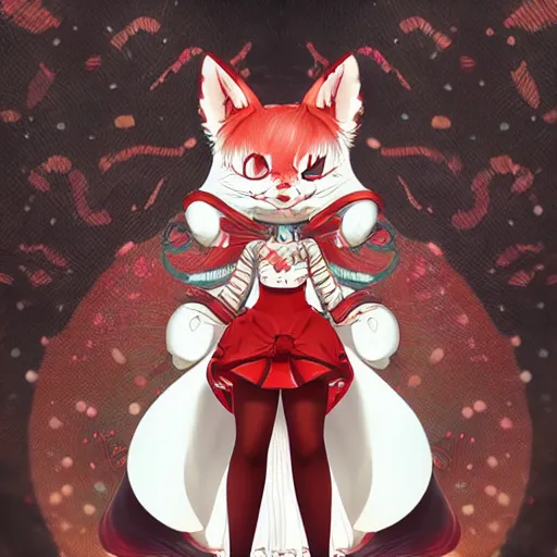 Image similar to kitsune woman nekomimi fancy haircut, full body, intrincate, red and white, glitter, depth of field, 8k, hyper detailed, realistic, trending on artstation