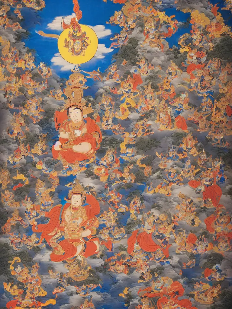 Prompt: a Beautifully exquisite WUKONG Thangka, with intricate details and bright colors. WUKONG is shown in the center, surrounded by demons that he is defeating. The background is a deep blue, with mountains and clouds. The thangka is framed in a gold border, from which rays of light are emanating by WU DAOZI, zhang xuan, qiu ying, Chris Saunders,