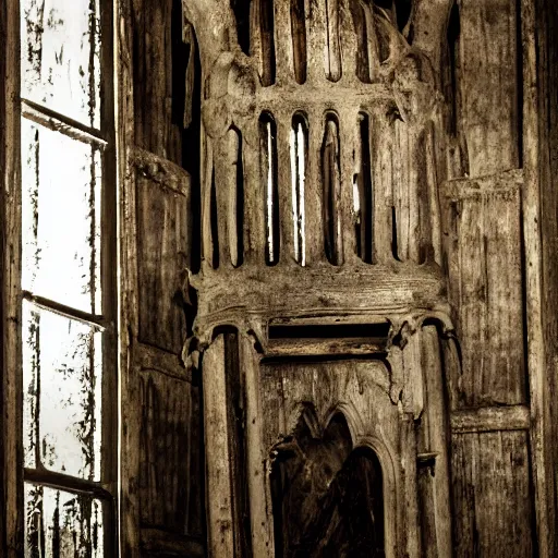 Image similar to cronenbergian creature, southern gothic, inside of an old wooden church in louisiana, dark and intricate photograph