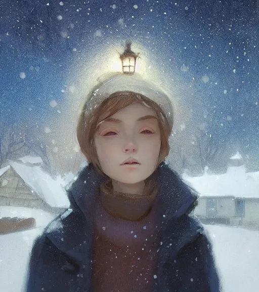 Image similar to face portrait of a beautiful girl in a coat, close portrait, snow - covered small house in a background, night, stars in the sky, the milky way in the sky, winter landscape, painting by craig mullins, octane rendering, wide angle lens, in the style of hayao miyazaki, trending on artstation,