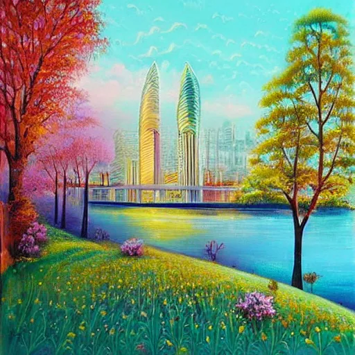 Image similar to Beautiful city of the future in harmony with nature. Nice colour scheme, soft warm colour. Beautiful painting by Lurid. (2022)