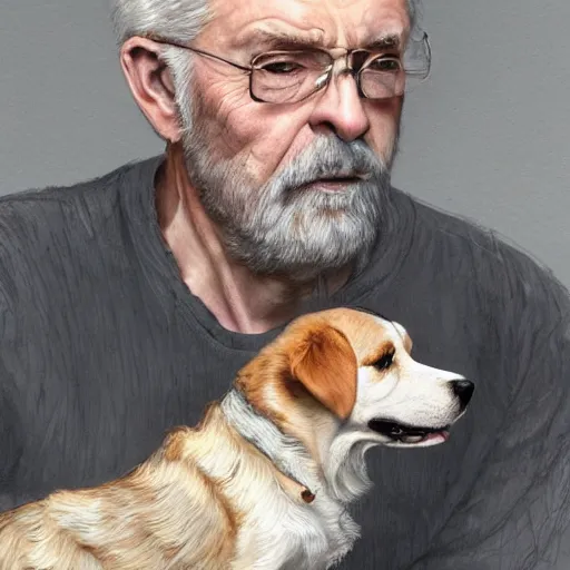 Image similar to portrait of a old, ruggedly handsome man holding a corgi dog, soft hair, muscular, full body, cloth, hairy, d & d, fantasy, intricate, elegant, highly detailed, digital painting, artstation, concept art, smooth, sharp focus, illustration, art by artgerm and greg rutkowski and alphonse mucha