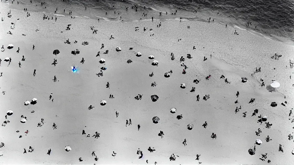 Image similar to photograph beachscapes satellite view imagery, Aerial view of beautiful sandy beach with hundreds of umbrellas and sea, Aerial of a crowded sandy beach with colourful 1970s umbrellas sun bathers and swimmers during summer, golden sand and clear blue sea, by Tommy Clarke and Joshua Jensen-Nagle