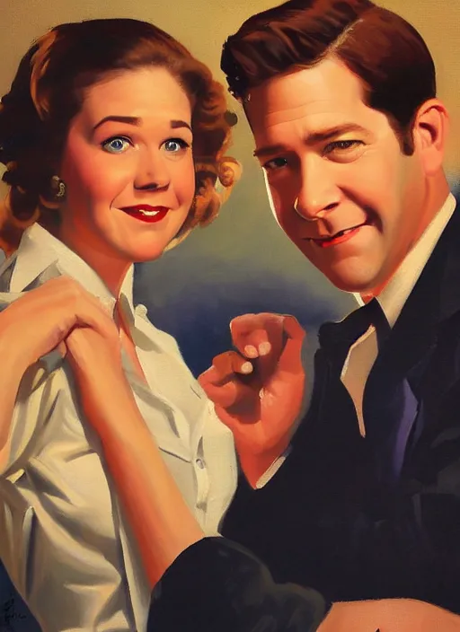 Image similar to portrait painting of jim halpert and pam beesly, dark background, in the style of gil elvgren