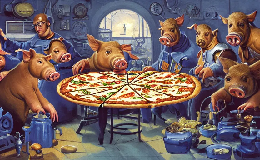 Prompt: classic oil painting, side view of a group of pigs eating a big pizza, as a dnd character, inside a cluttered lab, blue nighttime, cottagecore, italian flags on the back, retro, extremely detailed, digital illustration, concept art, readability, smooth, sharp focus, art by brothers hildebrandt, and paul bonner