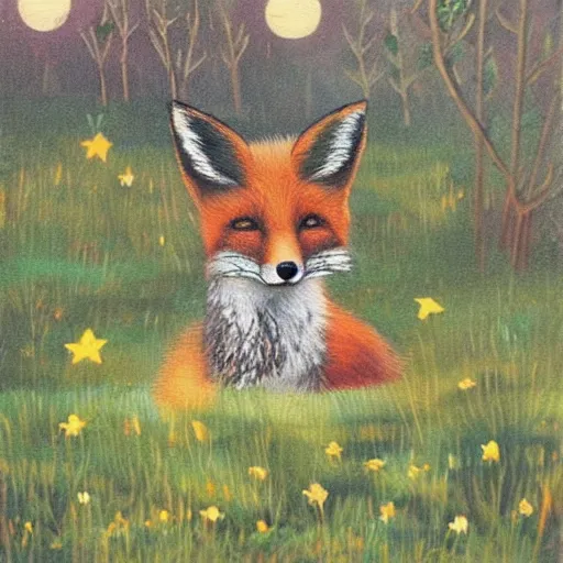 Image similar to “A fox playing the piano in a meadow in The Swedish forest during the night under the moonlight, children’s book oil painting”