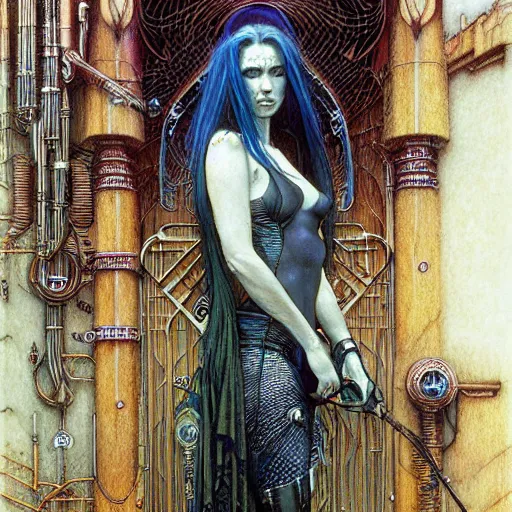 Image similar to a portrait of a resolved and smart female art nouveau cyberpunk shaman by john howe, ted nasmith and luis royo
