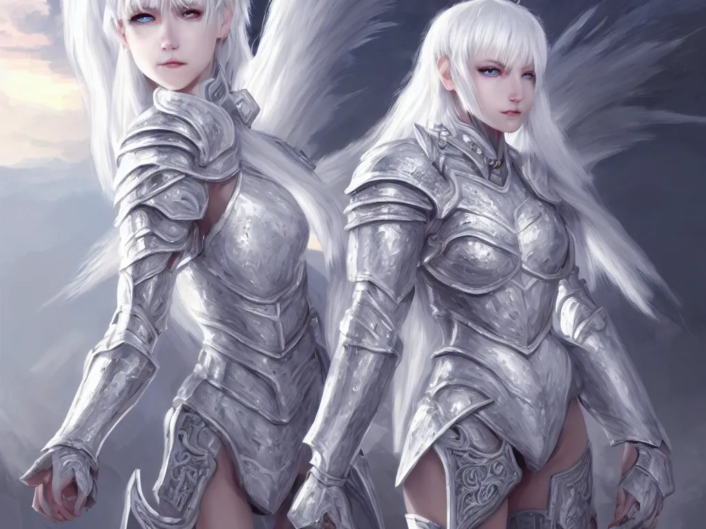 Image similar to studio portrait white hair knights of zodiac girl, matt white ice color armor, in ruined agora of athens sunrise, ssci - fi and fantasy, intricate and very beautiful and elegant,, ultrafine hyperrealistic details, digital painting, artstation, concept art, smooth and sharp focus, illustration, art by ayanamikodon