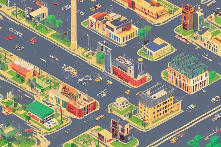 Prompt: highly detailed isometric illustration of a city scape in the style of Wes Anderson, hyperrealistic, photorealistic, artstyle, highly detailed, sharp