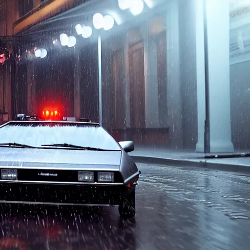 Image similar to hyperdetailed, photorealistic photograph of a dmc 1 2 delorean driving in the streets, rain, night, dense fog, hd, unreal engine 5