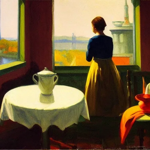 Image similar to oil painting of young lovers in shabby room by the river, with teapot and cups and bowl of oranges on table, and view through window of ship on river, by edward hopper, by frank mccarthy