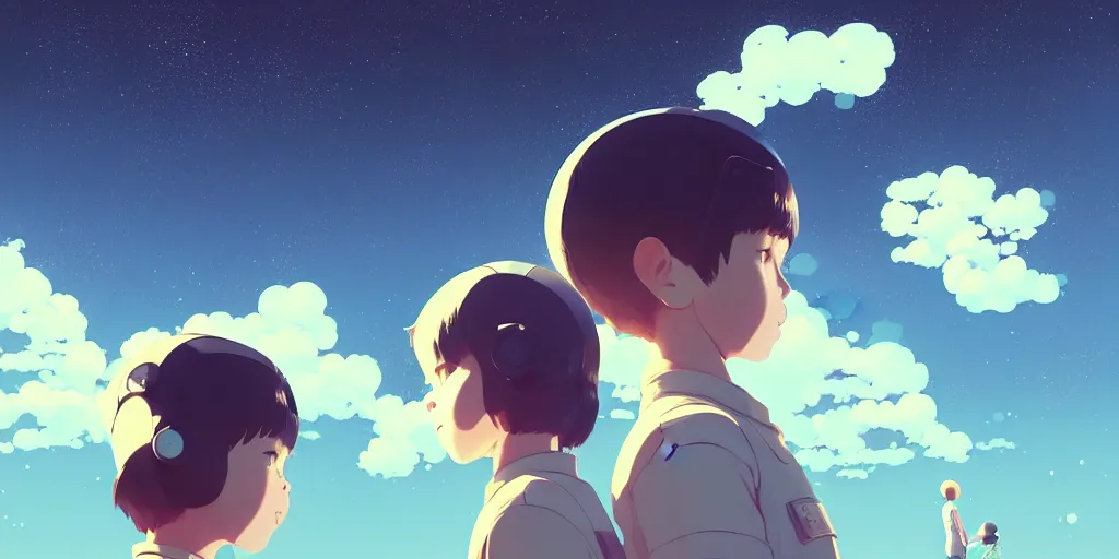 Image similar to 3 d portrait of boy and girl with astronaut helmets by ilya kuvshinov, cloudy sky background lush landscape ln illustration concept art anime key visual trending pixiv by victo ngai fanbox by greg rutkowski makoto shinkai takashi takeuchi studio ghibli