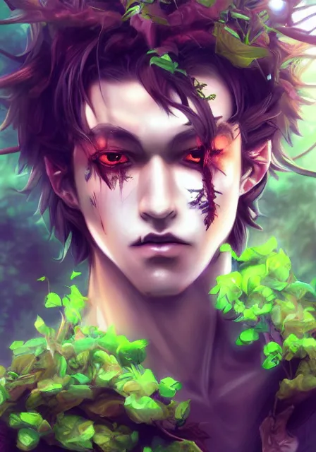 Image similar to A realistic anime portrait of a handsome dryad clown with glowing green eyes and tree bark skin wearing clothes made of leaves, digital painting, by Stanley Artgerm Lau, Sakimichan, WLOP and Rossdraws, digtial painting, trending on ArtStation, SFW version