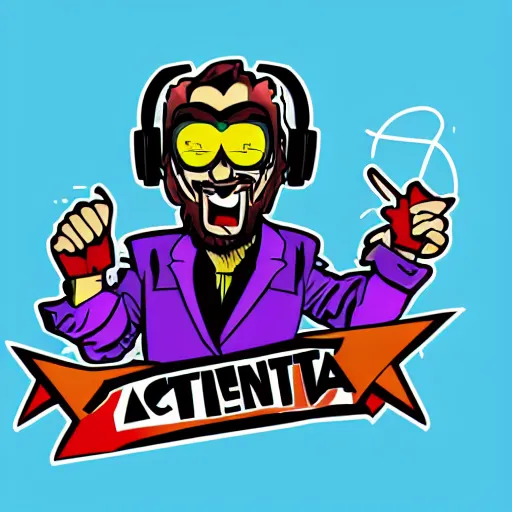 Image similar to svg vector sticker of absolutely insane-mad-scientist-villain, rocking out, wearing headphones, huge speakers, dancing, rave, DJ, spinning records, digital art, amazing composition, rule-of-thirds, award-winning, trending on artstation, featured on deviantart