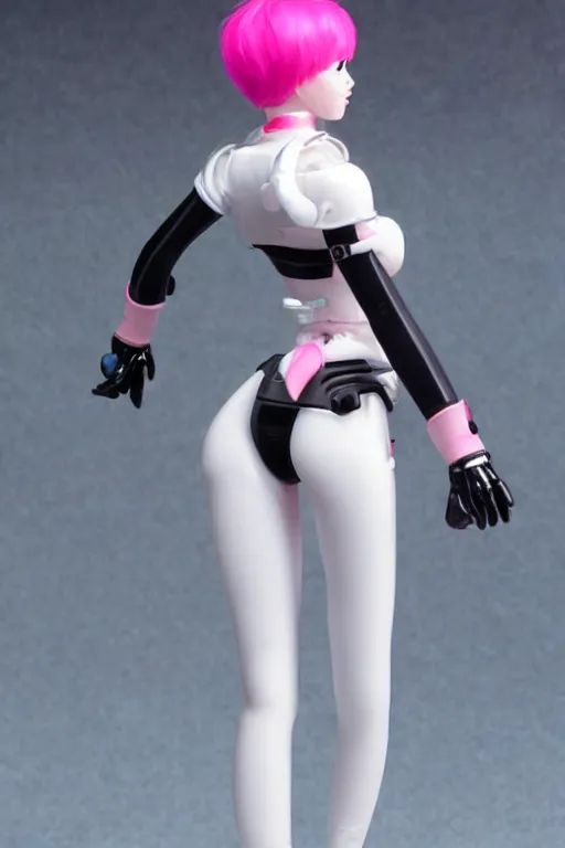 Prompt: cute girl with short pink hair, white plastic inflatable coat, mechanical arm, black tight pants ， by brian sum