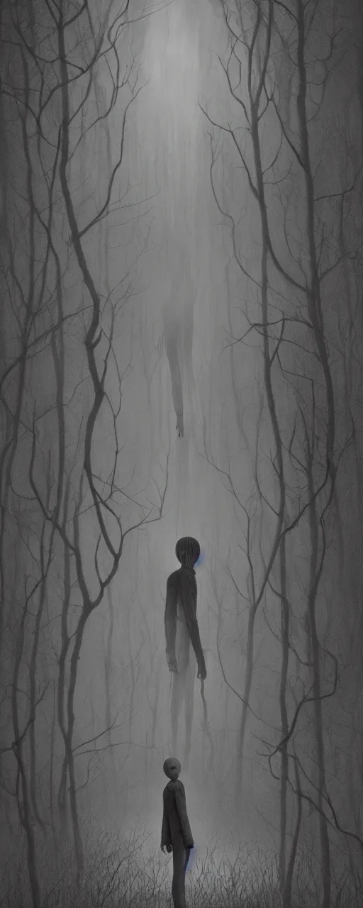 Image similar to a creepy portrait of slenderman. forest. night. character design by miles johnston, stephen gammell, gustave dore and zdzisław beksinski. volumetric light, detailed, rendered in octane