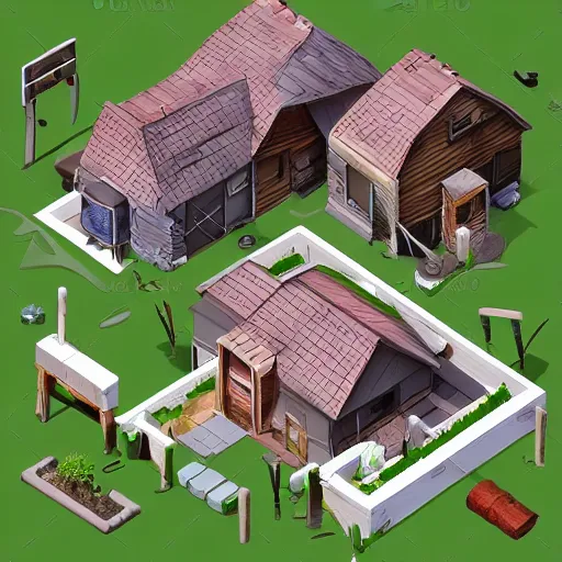 Prompt: post - apocalyptic suburban house. isometric. 4 k photorealistic game asset, white background