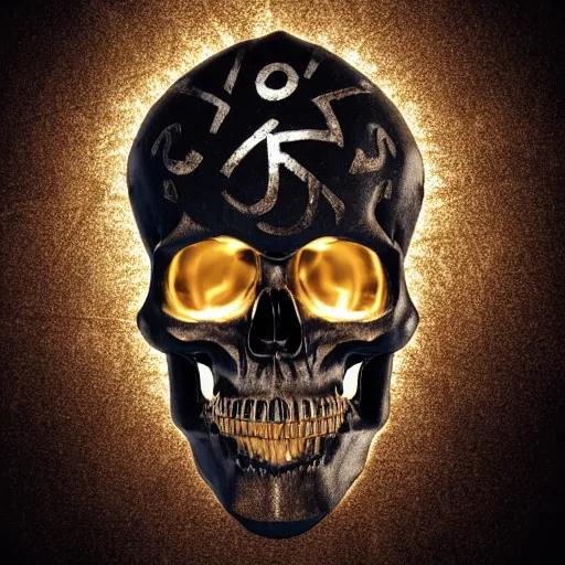 Image similar to chiaroscuro baroque still life octane render of a ray of god light shining on golden skull with head completely covered in engraved ancient runic inscriptions prophecies, spells, dark ominous background.