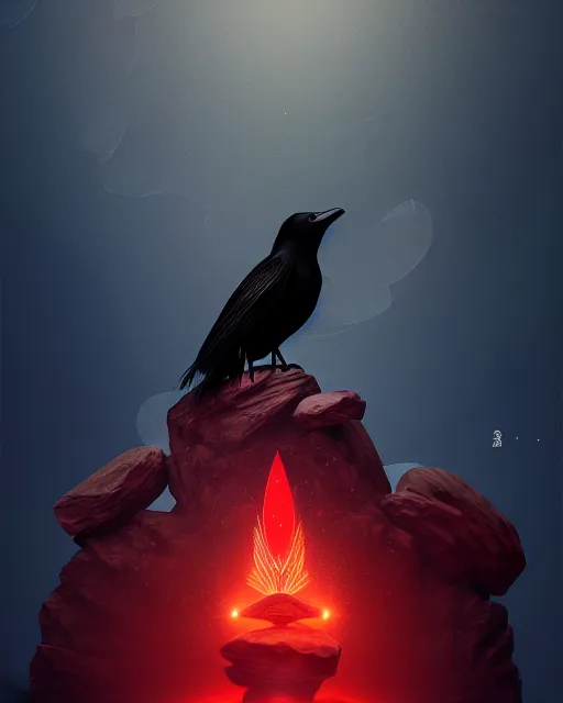 Image similar to beautiful digital fantasy illustration of a black bird with a red background, vanitas, wiccan, tarot card, angel sitting on a rock, abyssal warmth, octane render, detail texture, unreal engine, poster art by victo ngai, 8 k, photographic quality, ultra hyper realistic quality