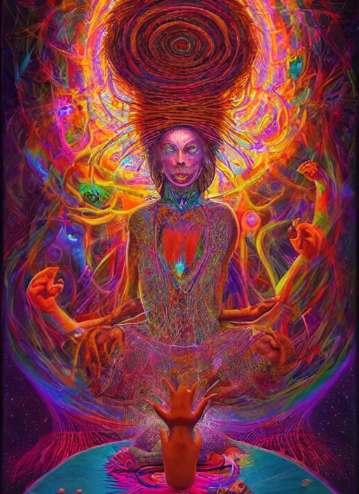 Image similar to portrait ultra dimensional cult woman shaman, enlightenment tripping on dmt, psychedelic experience, ascending through the fifth dimension moving at the speed of light and sitting still, portal, ultra high definition, unreal engine 5, hyperrealism, masterpiece composition, by todd schorr, casey weldon, barclay shaw
