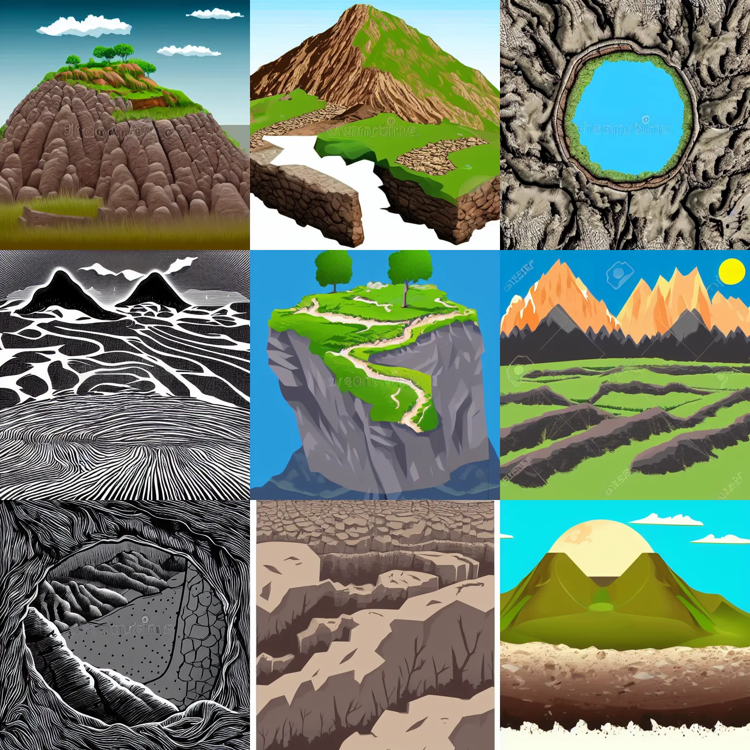 Prompt: Talmar Ambaren, the foundations of the earth, vector illustration, floating rock, roots, mountain range at the top