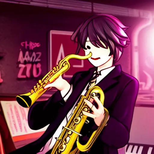 Image similar to danganronpa chiaki nanami playing the saxophone on stage in a low lit jazz bar,