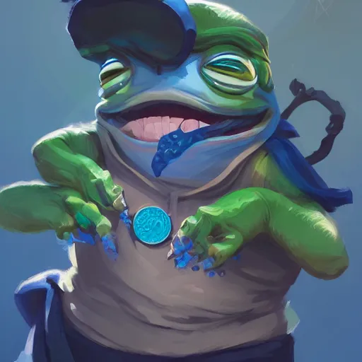 Image similar to super rich happy pepe, luxury, treasury, coins, money, hyper detalied, blue crystals, greg rutkowski, artstation