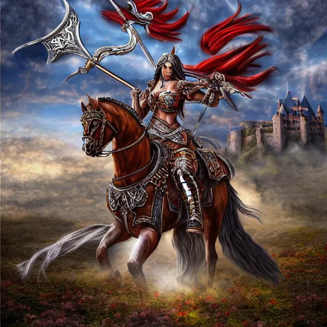 Image similar to beautiful!! warrior fight castle anne stokes highly detailed 8 k hdr smooth sharp focus high resolution award - winning photo photorealistic chrome reflect