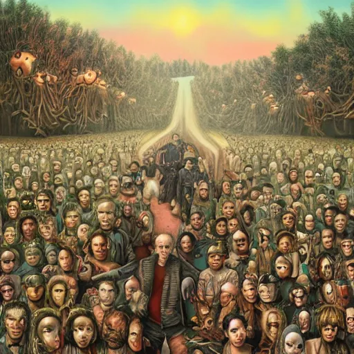 Prompt: post-apocalyptic survivors, painting by Mark Ryden and Alex Gross, Todd Schorr highly detailed