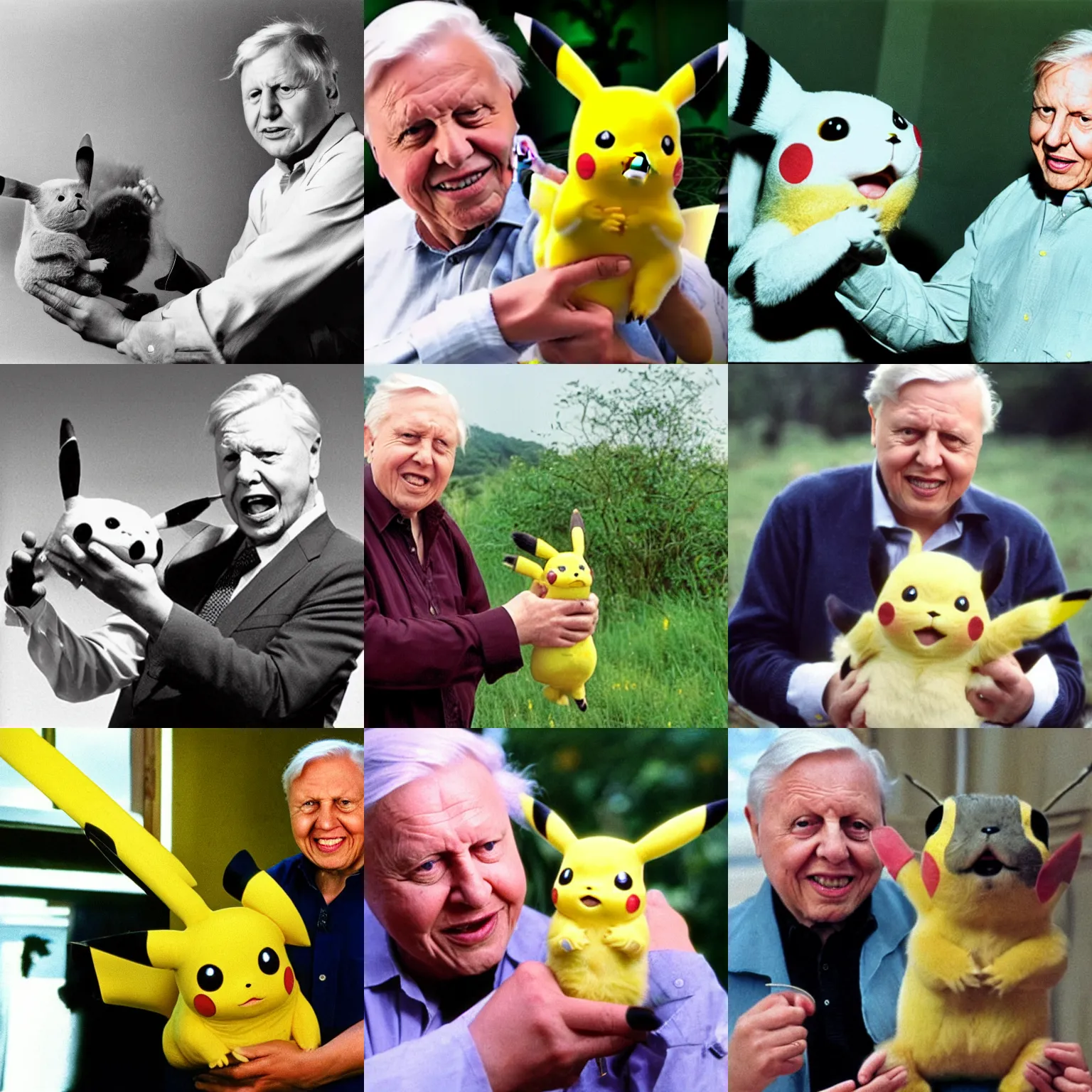 Prompt: David Attenborough holding a real live Pikachu, tv still from a BBC nature documentary