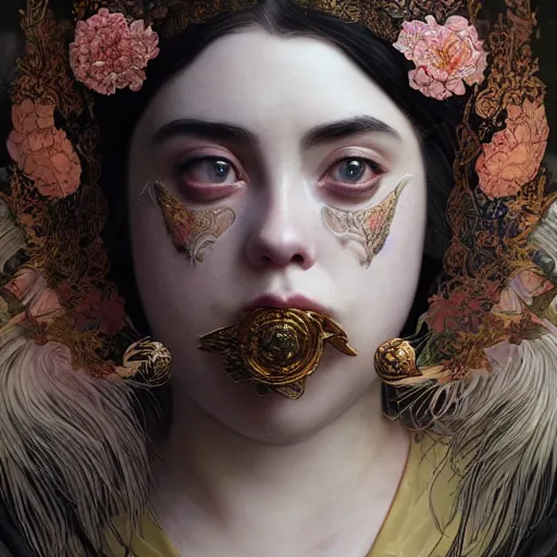 Image similar to a photorealistic dramatic fantasy render of a beautiful woman billie eilish wearing a beautiful intricately detailed japanese monkey kitsune mask and clasical japanese kimono by wlop, artgerm, greg rutkowski, alphonse mucha, beautiful dynamic dramatic dark moody lighting, shadows, cinematic atmosphere, artstation, concept design art, octane render, 8 k