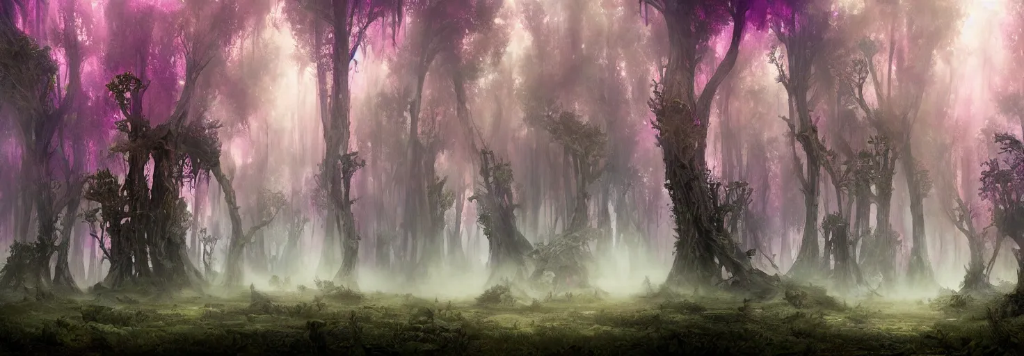 Prompt: dense bismuth fractal fungal forest, megalophobia, silhouettes, pinks and purples, volumetric fog, intricate, highly detailed, concept art, masterpiece, background parallax layer