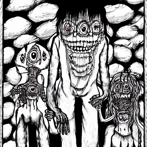 Prompt: monster lurking behind a happy family by junji ito, color, highly detailed, detailed, intricate, scary, horror, eerie, nightmares, dark, dramatic, 8 k