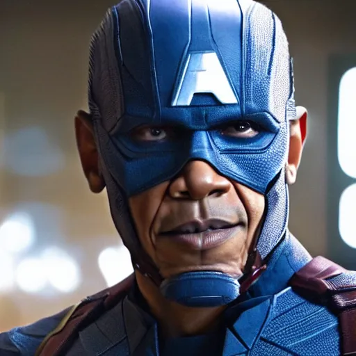 Image similar to Obama as Captain America in the Avengers, final epic scene, closeup still