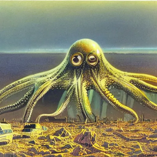 Image similar to wide angle view, thundra ufo crash site, team of scientists studying captured alien octopus, by bruce pennington