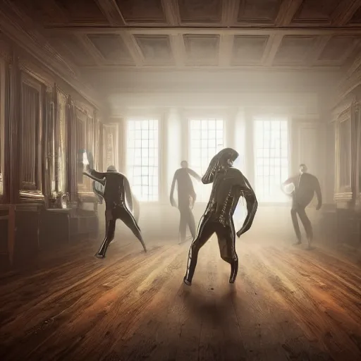 Prompt: crowd of cyborgs dancing in a 1 8 th century room, old furnitures, wooden parquet, dramatic, cloudy nature outside of windows, cables as wall decorations, volumetric lighting, low angle camera, depth haze, cinematic, glow