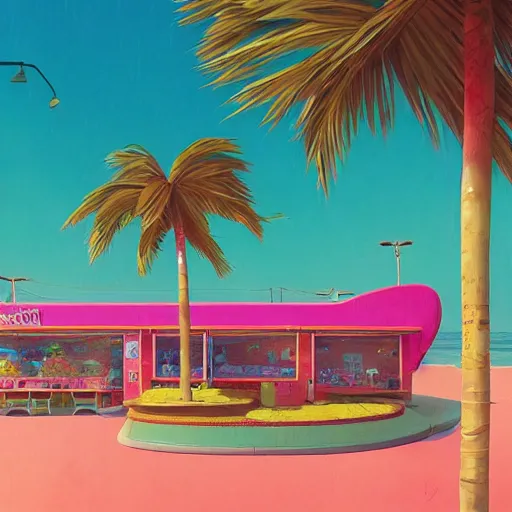 Image similar to psychedelic beachfront fast food restaurant with palm trees by simon stalenhag