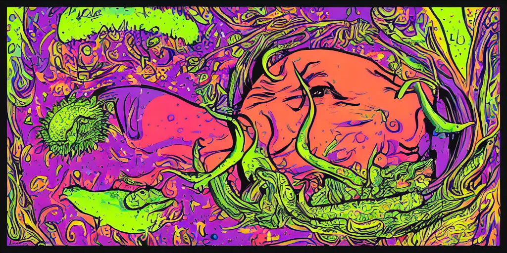 Prompt: a psychedelic campaign poster for hippies that reads SLUGS TASTE LIKE THE FUTURE!, concept art