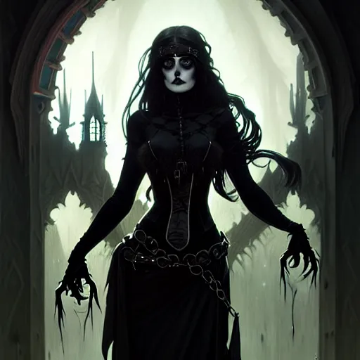 Prompt: A epic fantasy portrait of a cute goth woman, castle setting, horror movie lightning, intricate, elegant, highly detailed, digital painting, artstation, concept art, matte, sharp focus, illustration, art by Artgerm and Greg Rutkowski and Alphonse Mucha