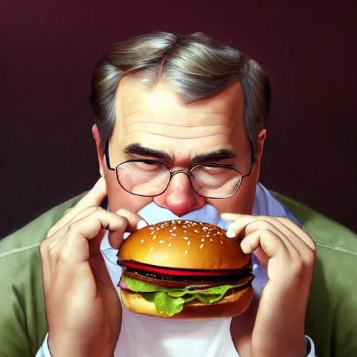 Prompt: portrait of Jeb Bush eating hamburgers, highly eroused nipples, extra onions and ketchup, luscious patty with sesame seeds, feminine ethereal, handsome, D&D, fantasy, intricate, elegant, highly detailed, digital painting, artstation, concept art, matte, sharp focus, illustration, art by Artgerm and Greg Rutkowski and Alphonse Mucha