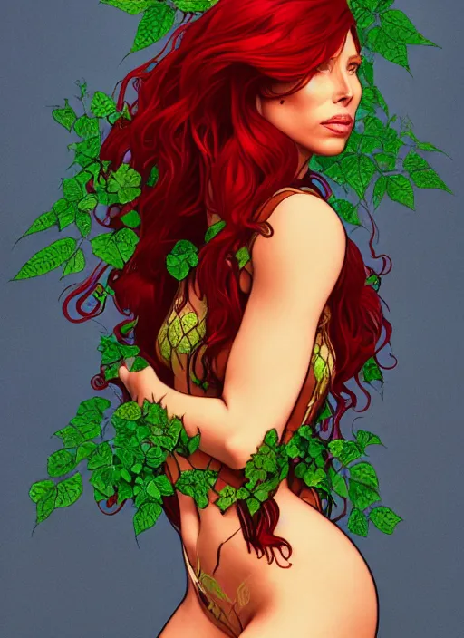Prompt: jessica biel as poison ivy, character concept art, trending on artstation, red hair, highly detailed, high quality, digital illustration, alena aenami, alphonse mucha, tom bagshaw