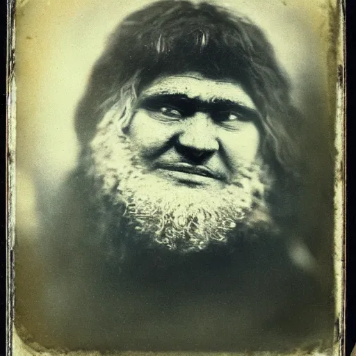 Prompt: old photo of a neanderthaler, daguerrotype, tintype, dirty. faded. old photograph, polaroid, highres, wet plate collodion,