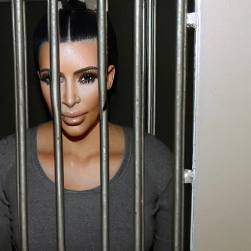 Image similar to real photo of a kim kardashian lookalike, behind bars. standing in jail cell