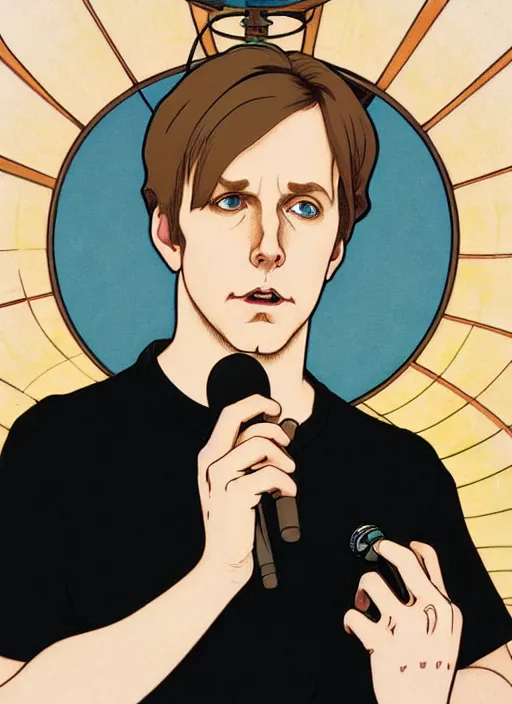 Image similar to art nouveau portrait of geoff rickly with short light brown straw blond hair, light blue eyes, sad expression, scared, head down, shy and demure, jeans and black t - shirt, holding a microphone, natural lighting, path traced, highly detailed, high quality, cartoon, digital painting, by don bluth and ross tran and studio ghibli and alphonse mucha