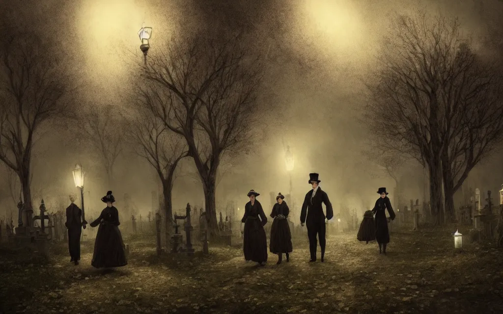 Prompt: people in victorian - era clothing strolling around people in victorian - era clothing strolling around a graveyard at night, bats flying over tombstones, bare trees, iron railing, gloomy atmosphere, digital illustration, highly detailed, cinematic lighting, perfect composition, 4 k, artem demura