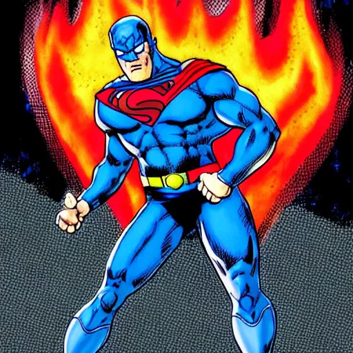 Image similar to a man in a blue suit standing in front of a fire ball, a comic book panel by jim lee, featured on deviantart, rayonism, dc comics, apocalypse art, parallax