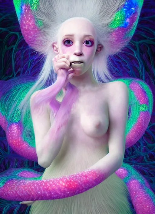 Image similar to hyper detailed 3d render like a Oil painting - kawaii portrait Aurora (white haired Singer Ferret) seen Eating of the Strangling network of yellowcake aerochrome and milky Fruit and Her delicate Hands hold of gossamer polyp blossoms bring iridescent fungal flowers whose spores black the foolish stars by Jacek Yerka, Mariusz Lewandowski, Houdini algorithmic generative render, Abstract brush strokes, Masterpiece, Edward Hopper and James Gilleard, Zdzislaw Beksinski, Mark Ryden, Wolfgang Lettl, hints of Yayoi Kasuma, octane render, 8k