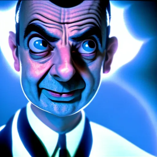 Image similar to mr. bean as doctor manhattan. movie still. cinematic lighting.