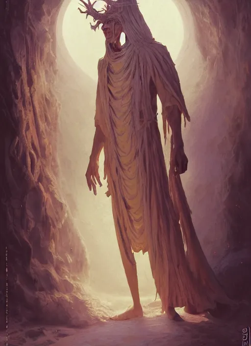 Image similar to slender high priest with a robe made of salt, strange headdress, subsurface scattering, by jesper ejsing, justin gerard, tomasz alen kopera, cgsociety and fenghua zhong, highly detailed, rim light, cinematic lighting, illustration, art, octane render, very coherent, cinematic, hyper realism, high detail, octane render, 8 k